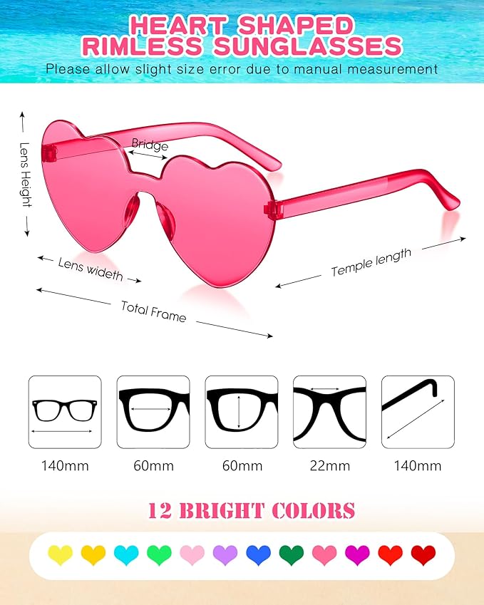 Kingdder 24 Pairs Heart Shaped Sunglasses Rimless Glasses Bulk Candy Color Tinted Eyewear Summer Party Favors