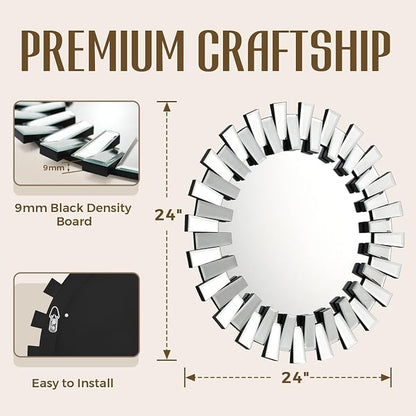 QDSSDECO Round Mirror Sunburst Wall Mirror 24" Beveled Edge Frameless for Living Room Bathroom Bedroom Entryway Decor