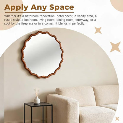 24" Wavy Edge Round Mirror, Solid Wood Framed Wall Decor with Clear Reflection for Bathroom, Bedroom, Living Room & Entryway (Yellowish-Brown)