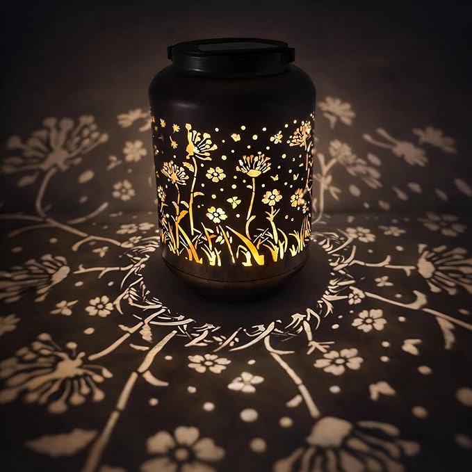 Solar Lanterns Outdoor Waterproof - Retro Metal Hanging Solar Lights with Dandelion Hollow-Out Pattern, Decorative Garden Decor for Outside Patio Yard Porch, Unique Floral Gifts for Women Mom Grandma
