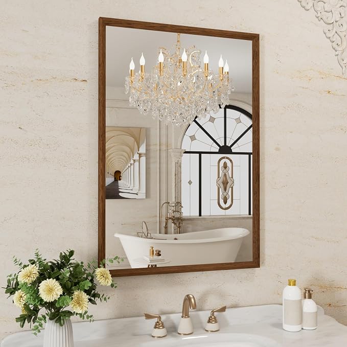 WEER Bathroom Mirror, 24x36 Inch Wall Mirror, Walnut Wood Grain Framed Mirror, Rectangle Vanity Mirror, Tempered Glass, Anti-Rust, Hangs Horizontally or Vertically