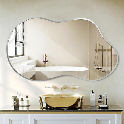 Dorlicecass Irregular Wall Mirror - Wall Mirrors Decorative 24"x36" Silver Asymmetrical Mirror Tempered Glass Aviation Aluminum Alloy Frame for Bathroom, Bedroom, Living Room, Cloakroom, Entryway
