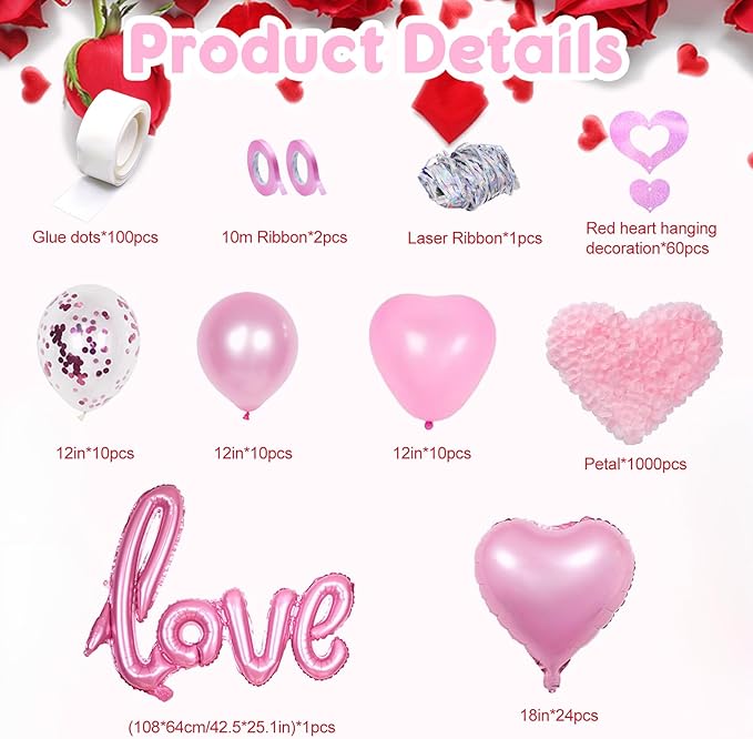 128 PCS Valentine's Day Balloon Garland Arch Kit Hot Pink Love Heart Latex Metallic Confetti Balloons for Princess Theme Bridal Wedding Valentine's Day Party Background Decorations