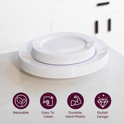 Pack of 60 White Plastic Plates - Aya's Heavy Duty Disposable Set of 30 Dinner and 30 Salad Plates - Durable Round Plastic Dinnerware Set for Parties and Events