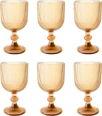 Vintage Wine Glasses Set of 6, 11 Ounces Colored Glass Water Goblets, Colorful Unique Embossed Pattern High Clear Stemmed Glassware Wedding Party Bar Glass Drinking Cups Vertical Line Gold Amber