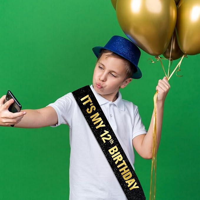 It's My 12th Birthday Sash for Boys Girls, Black Glitter Sash with Gold Foil
