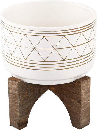 Flora Bunda 7 Inch White Gold Line GEO Ceramic ON Stand Mid Century,7" White/Gold Line