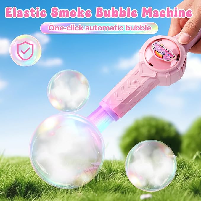 Smoke Bubble Machine, Elastic Bubble Fog Wand, Rechargeable Fog Bubble Machine with Lights & Sound, for Parties Outdoor Interactive Fun (Pink)