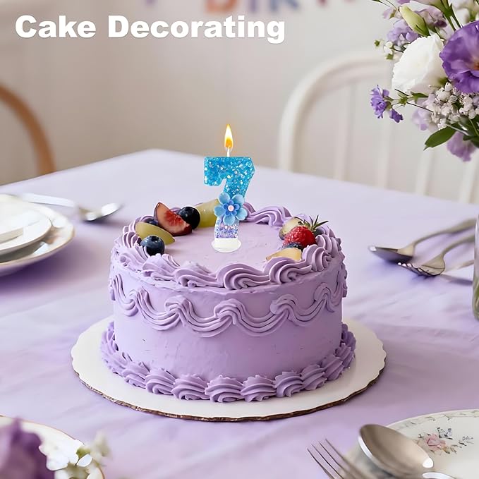 Blue Purple Flower Birthday Number Candles, Flower Theme Party Decorations, Cupcake Decorations, Suitable for Party Celebrations, Boys and Girls Birthday Decorations（7）