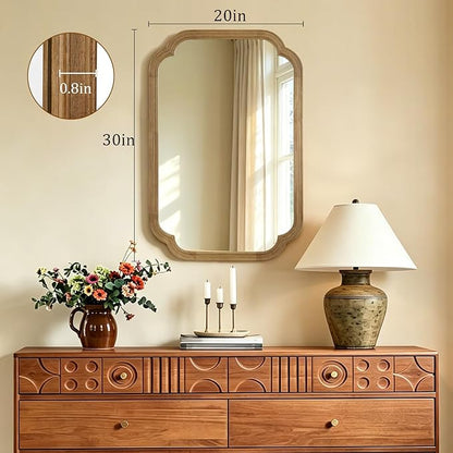 HOMECOOKIN Wood Bathroom Mirror for Wall Decor Arched Rounded Corner Rustic Wood Frame Wall Mirror Home Decorative for Vanity, Living Room, Bedroom, Entryway (20 x 30 inch, Natural)