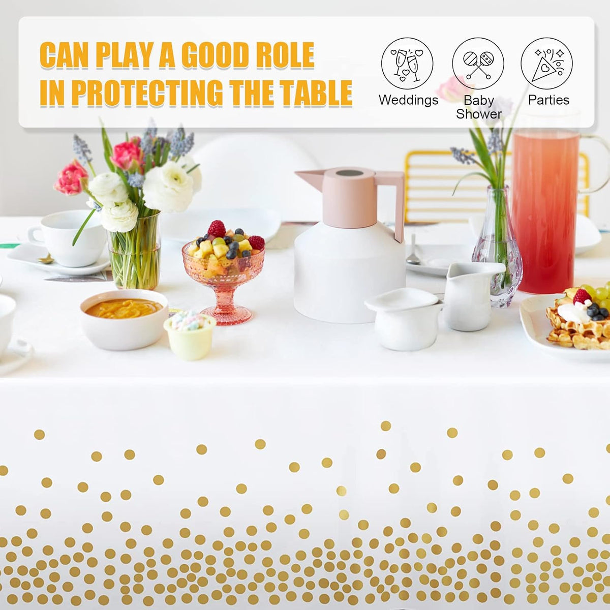 Tablecloths for Rectangle Tables,3 Pack 54" X 108" Plastic Table Cloth Disposable Table Covers Engagement Party Decorations, White Gold Dot Tablecloths Disposable Tablecloth for Weddings Buffet Tables
