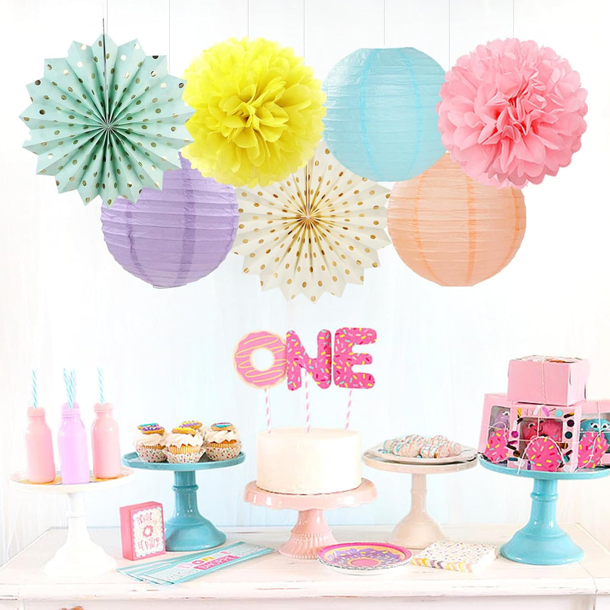 Pastel Rainbow Party-Decorations - 20pcs Pink Yellow Blue Classroom Ceiling Paper Lanterns Fans ,Girl Birthday Tissue Pom Poms,Honeycomb Balls,Bunting,Baby Shower Bridal Wedding Decor Burgleda