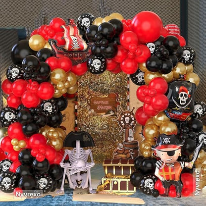 Pirate Birthday Party Decorations, 142Pcs Red Black Metallic Gold Balloon Garland Arch Kit Pirate Ship Foil Mylar Balloon for Halloween Pirate Summer Pool Sea Sailing Adventure Ocean Theme Party