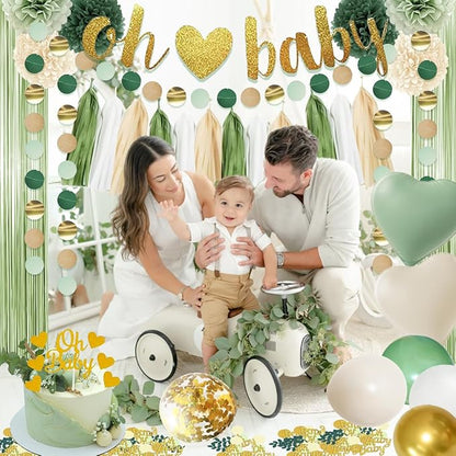 Baby Shower Decoration, Sage Green Gender Neutral Baby Shower Party Decorations with Balloons, Oh Baby Banner, Pom Poms, Cake Topper, Confetti, Mom To Be Shoulder Sash for Boy Girl Baby Showers Decor