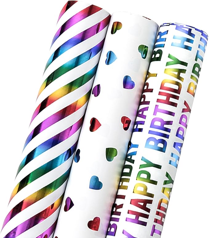 MAYPLUSS Birthday Wrapping Paper, Girl Iridescent Gift Wrapping Paper, Rainbow Foil Heart Polka Dots Stripes Bundle Gift Wrap for Kids Party, All Occasion (Mini Roll, 17 inch x 120 inch Per Roll)