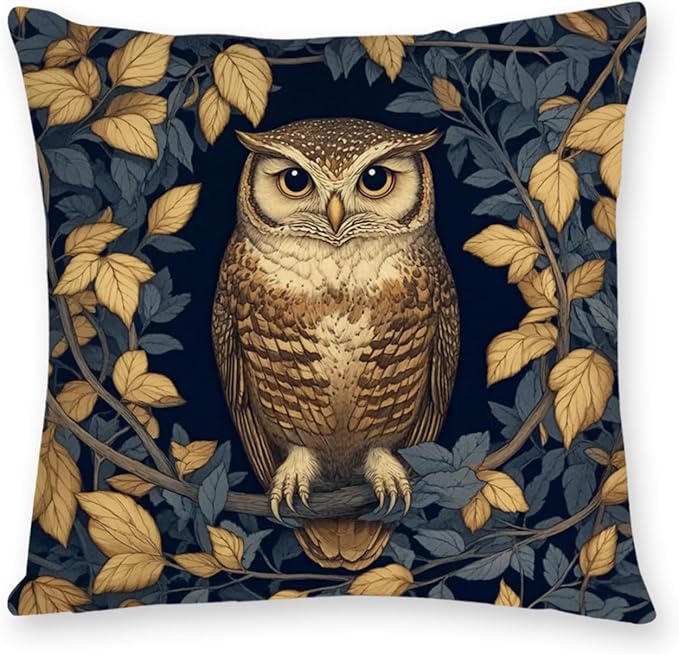 YOU FOUND ME William Morris Abstract Vintage Floral Velvet Butterfly Design Throw Pillow Covers Home Decor, Retro Art Deco Pillowcase Cushion Cover for Bed Sofa Living Room, Square 18x18inch (Owl)