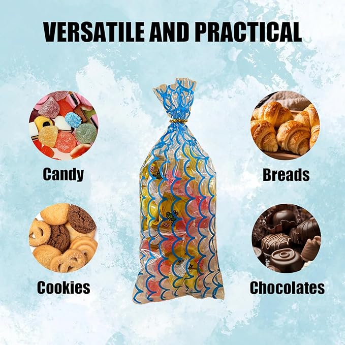 EatnMgan 200Pcs Cellophane Treat Bags,10.8 x 4.9Inch Plastic Candy Bags,Cellophane Bags,Goodie Candy with 220Pcs Twist Ties for Valentine, Birthday, Gift Cookie Snack Packing Party Favor Supplies (Blue)