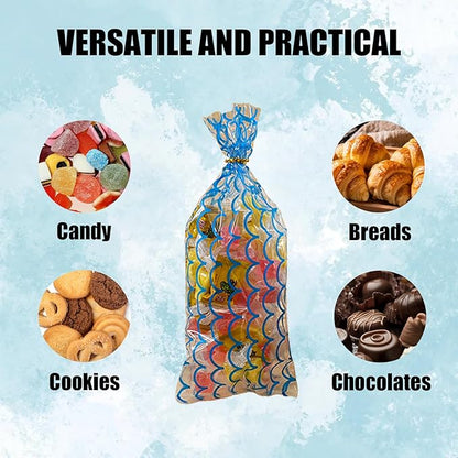EatnMgan 200Pcs Cellophane Treat Bags,10.8 x 4.9Inch Plastic Candy Bags,Cellophane Bags,Goodie Candy with 220Pcs Twist Ties for Valentine, Birthday, Gift Cookie Snack Packing Party Favor Supplies (Blue)