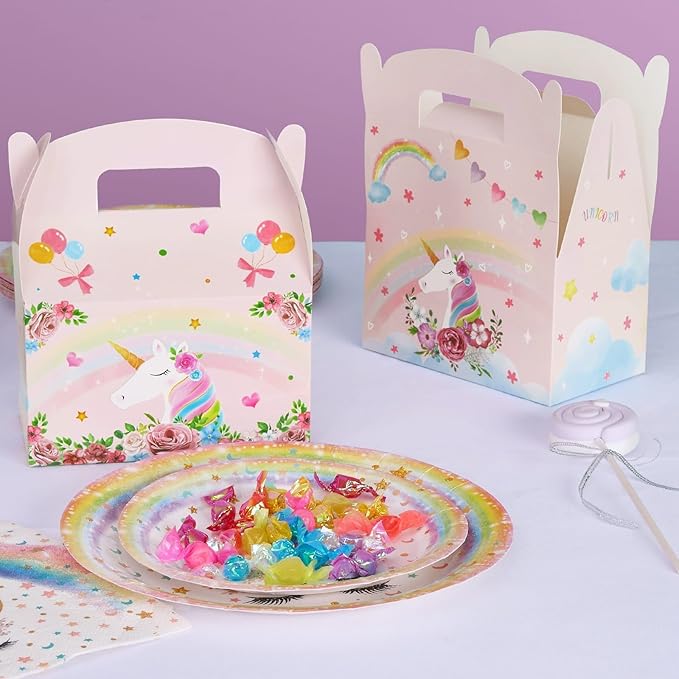 WERNNSAI 12 Pcs Unicorn Party Favor Boxes- Rainbow Unicorn Goodies Boxes for Girls Kids Birthday Supplies Pink Unicorn Candy Gift Boxes For Baby Shower Party Decoration