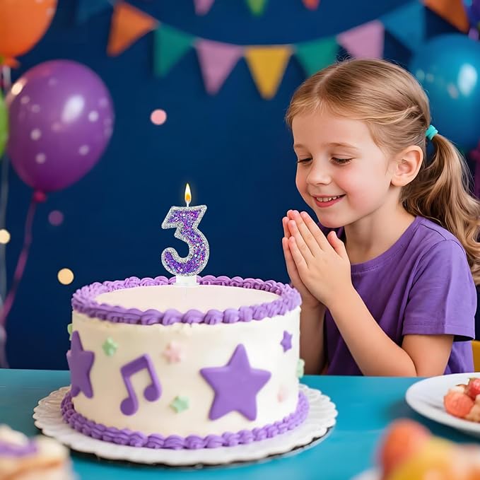 K-pop Number 3 Birthday Candle, Star Glitter Filled Number Candle, Purple Silver Fantasy Cake Topper for Birthday Party Decoration