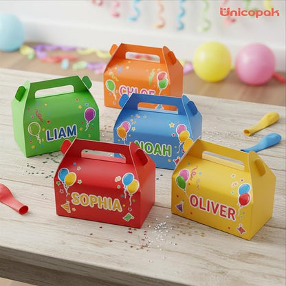 UnicoPak 30 Pack Party Favor Bag Boxes, Gable Gift Boxes with Handles for Candies Treats Goodies Cookies Happy Meals, Ideal for Theme Birthday Party, Classroom Events, Valentine's Day, 6.5x3.5x3.5 Inches