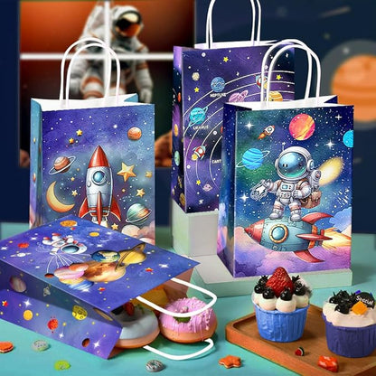24 Pcs Astronaut Party Favor Bags with Handles - Space Galaxy Themed Solar Eclipse Goodie Gift Candy Kraft Paper Bags for Kids Birthday Party Supplies Decorations