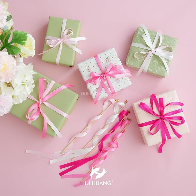 HUIHUANG Pink Satin Ribbon 1/2 inch x 4 Rolls White/Light Pink/Pink/Hot Pink Ribbon for Gift Wrapping DIY Crafts Hair Bows Flower Bouquets Wedding Bridal Shower Decor- Total 40 Yards