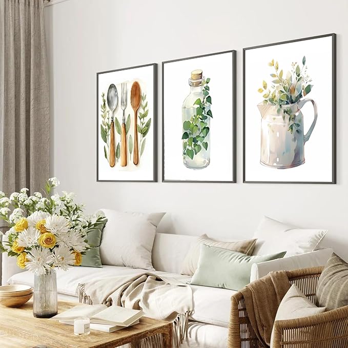 YFvrPt Boho Kitchen Wall Decor Set of 3 Dining Room Canvas Poster Kitchen Sage Green Plants Botanical Prints Eucalyptus Leaves Wall Art Minimalist Dining Room Pictures Artwork Unframed 12x16 inch