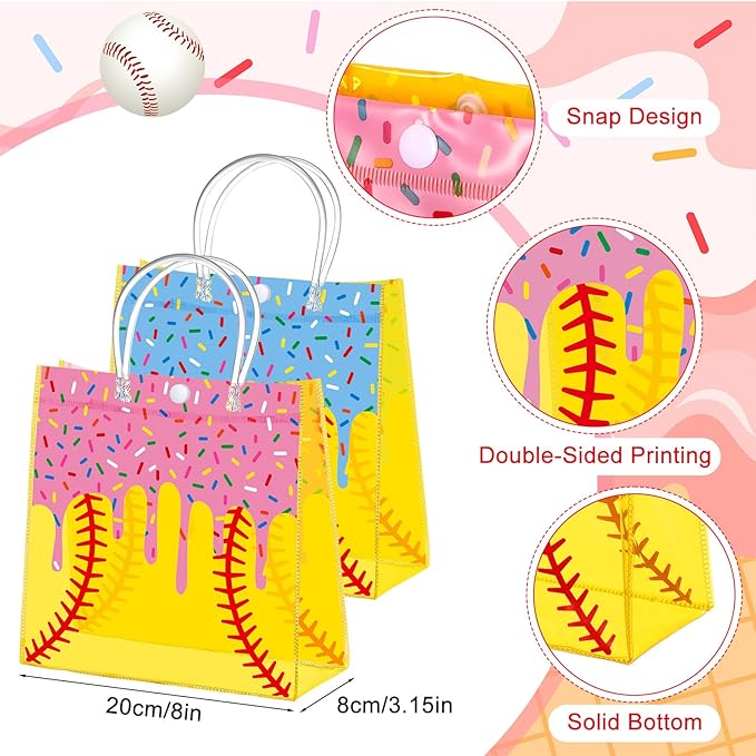 Abbylike 24 Pcs Drip Ice Cream Softball Clear PVC Gift Bag with Handles Candy Gift Treat Bags for Birthday Game Celebration Sports Theme Party Decorations