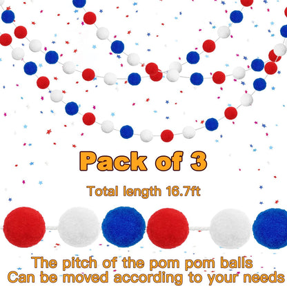Jishi Pom Pom Garland 4th of July Decorations, Patriotic Red White Blue Felt Ball Garland, 3-Pack 6.6ft Long 24 Cute Pompom Balls String, Christmas Tree Decor Ornaments for Home Birthday Holiday Party