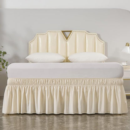 MEILA Wrap Around Bed Skirt Three Fabric Sides Elastic Dust Ruffled 14 Inch Tailored Drop,Easy to Install Fade Resistant-Beige, Queen/King