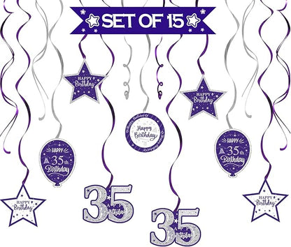 Happy 35th Birthday Purple & Silver Glitter Swirls Streamers Party Decorations - 15 Pcs 35th Birthday Hanging Swirls Streamers Kit,Perfect for 35th Bday Party Sign.