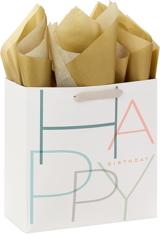 Hallmark Signature Studio 10" Large Square Gift Bag with Tissue Paper (Happy Birthday) Teal, Gray, Pink, Blue on White