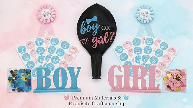 Gender Reveal Kit with 2 Giant 36" Balloons, 100 Voting Stickers, Mommy and Daddy to Be Pins, BOY and GIRL Table Signs, Baby Shower Gender Reveal Party Supplies