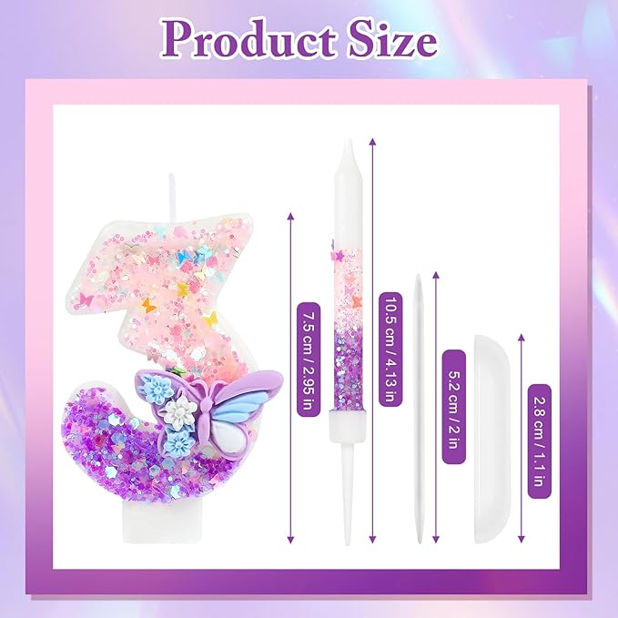 AKURIEEY Butterfly 3rd Birthday Candle Purple Number 3 Candle with 6 Pcs Long Candles for Girls Cake Topper Cupcake Decor Party Decoration Anniversary Celebrations Supplies