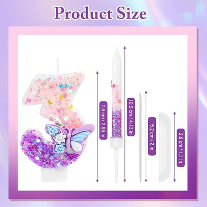 AKURIEEY Butterfly 3rd Birthday Candle Purple Number 3 Candle with 6 Pcs Long Candles for Girls Cake Topper Cupcake Decor Party Decoration Anniversary Celebrations Supplies