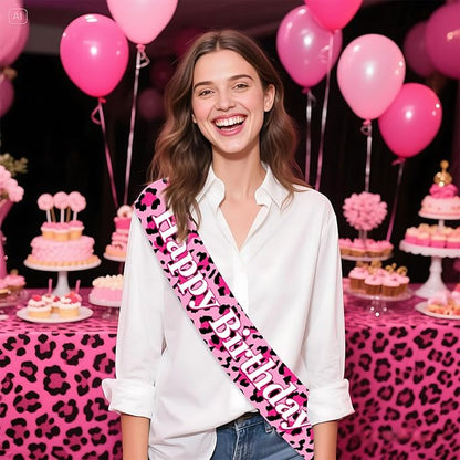 Leopard Cheetah Happy Birthday Sash Girls Pink Leopard Birthday Party Favor Safari Jungle Wild Bday Party Decorations Safari Animal Print Supplies