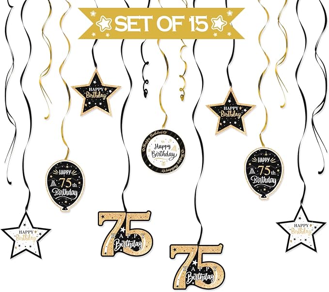 Happy 75th Birthday Black & Gold Glitter Swirls Streamers Party Decorations - 15 Pcs 75th Birthday Hanging Swirls Streamers Kit,Perfect for 75th Bday Party Sign.