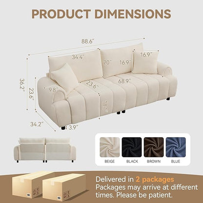 88 "Modern Boucle Sofa Couch, Oversized Comfy 3 Seater Sherpa Curved Sofas Deep Seat, Upholstered Loveseat Teddy Round Arm Couches for Living Room, Bedroom, Beige