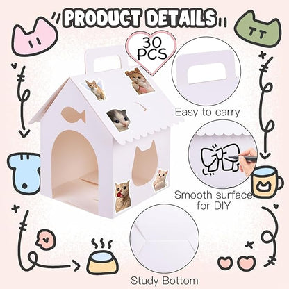 ARELUX 30 Pcs Cat House Shaped Party Favor Boxes, Foldable Pet Adoption Treat Gift Boxes with DIY Stickers - White Blank Goodie Bags for Kitten Birthday, Baby Shower & Cat Themed Events