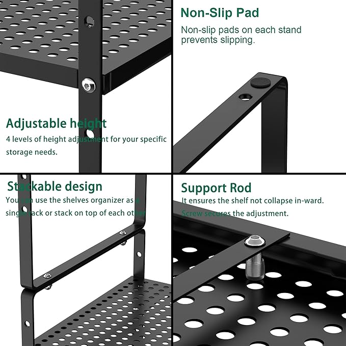 Redrubbit Expandable Cabinet Storage Shelf, Adjustable Height Steel Metal Kitchen Counter Organizers Shelves Spice Rack for Kitchen Pantry Bathroom Cupboard Desk Home Office, Black-1 Pack