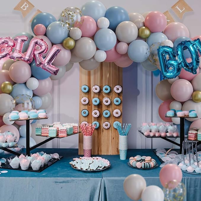 158pcs Gender Reveal Balloons Arch Kit, Dusty Pink Blue Gold Sand White for Gender Reveal Boho Bridal Bear Birthday Party Supplies Boy or Girl Baby Shower Decorations