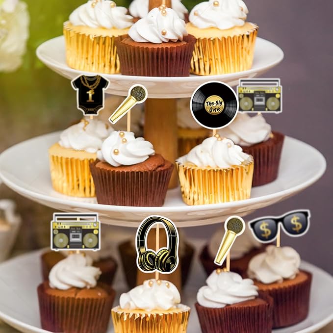 Notorious One 48 Pcs Gold Cake Toppers, Hip Hop Party Decorations for 1st Birthday Party, Premium Quality Reusable Paper Cupcake Toppers