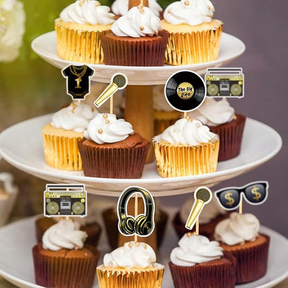 Notorious One 48 Pcs Gold Cake Toppers, Hip Hop Party Decorations for 1st Birthday Party, Premium Quality Reusable Paper Cupcake Toppers
