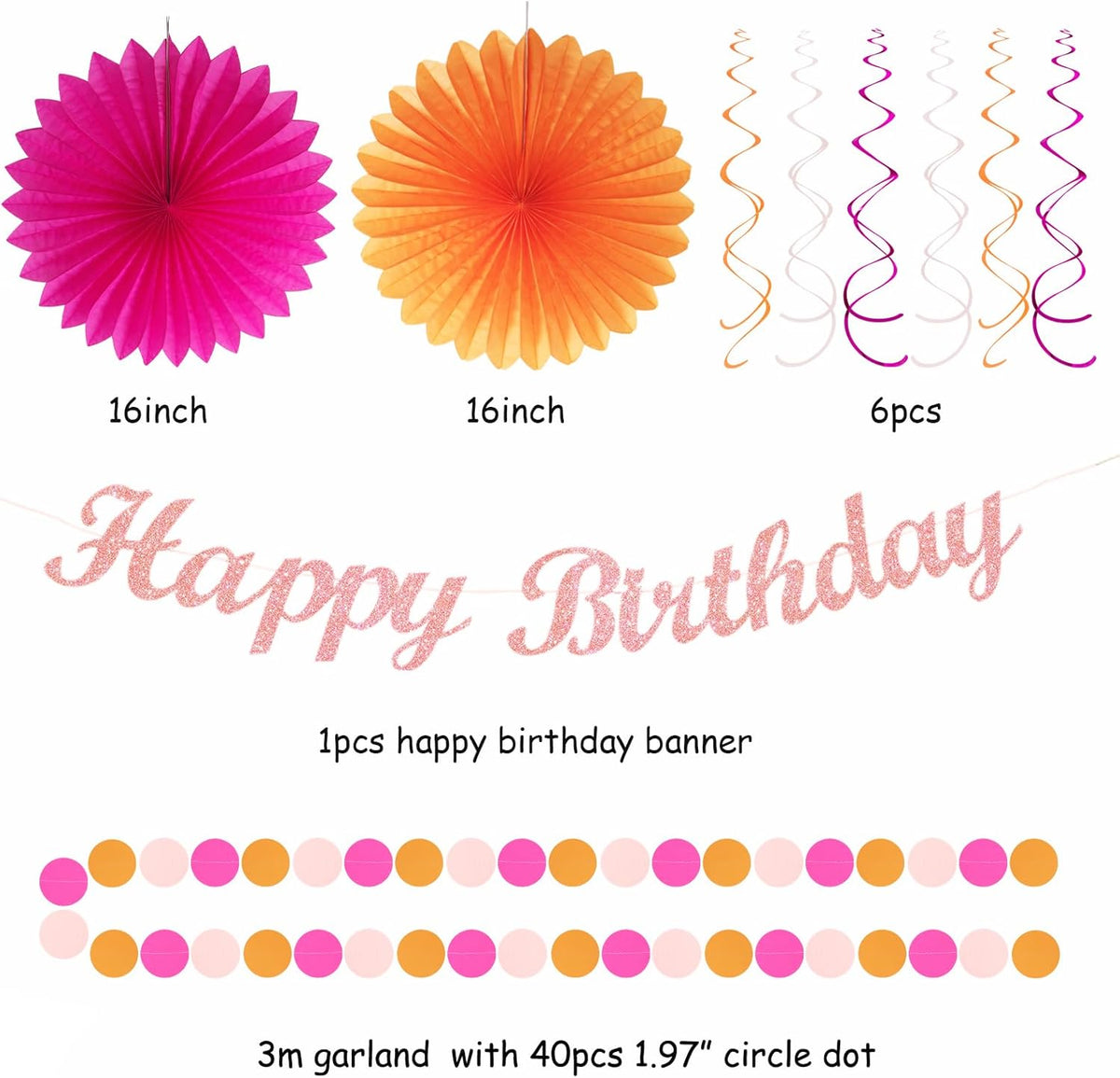 Hot-Pink Orange Fall Birthday Party-Decorations - 21pcs Autumn Women Peach Happy Banner,Girls Groovy Paper Streamers Lanterns Honeycomb,Tissue Flowers Pom Poms Fan, Boho Garland Room Decor