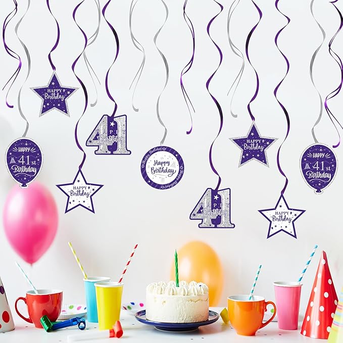 Happy 41st Birthday Purple & Silver Glitter Swirls Streamers Party Decorations - 15 Pcs 41st Birthday Hanging Swirls Streamers Kit,Perfect for 41st Bday Party Sign.