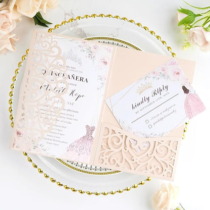 AdasBridal 50PCS Laser Cut Invitations Pink Wedding Invitation with Envelopes and Rsvp Cards Blank Inserts Personalized Your Party Invites for Quinceañera Wedding Birthday Girls Baby Shower