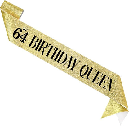 64 Birthday Queen 64th Birthday Sash for Women, Gold Glitter Sash with Black Foil
