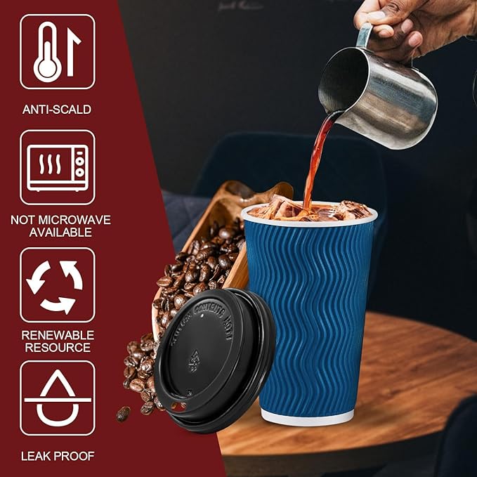 Lamosi 16 OZ Disposable Coffee Cups with Lids 100 Pack, Paper Insulated Corrugated Ripple Wall Cup for Hot Beverages