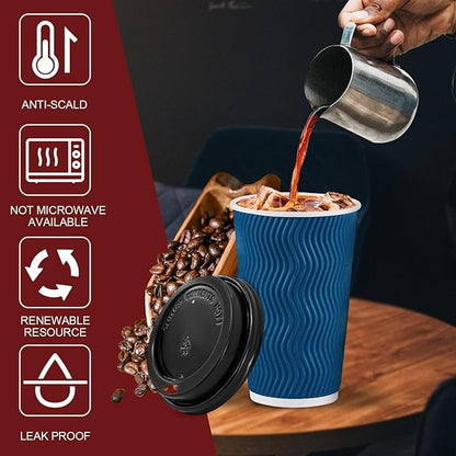 Lamosi 16 OZ Disposable Coffee Cups with Lids 100 Pack, Paper Insulated Corrugated Ripple Wall Cup for Hot Beverages